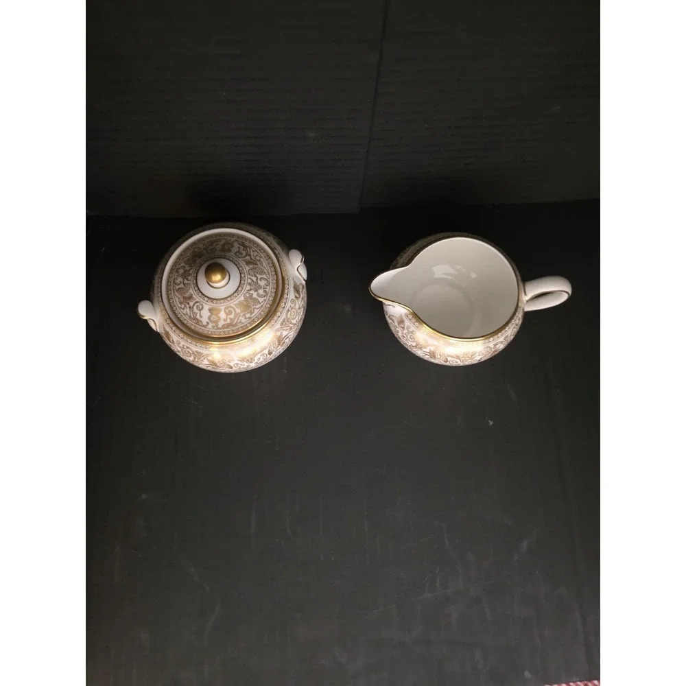 VINTAGE Wedgwood Bone China Gold Florentine Creamer and Sugar Bowl, England